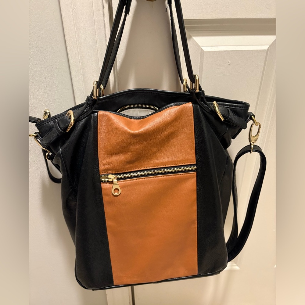 Christopher Kon Black Cognac Leather Hobo Genuine Leather Tote Shoulder Bag